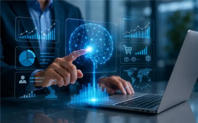 2027 ERP trendlerini simgeleyen yapay zekâ destekli, web tabanlı ve kullanıcı odaklı yeni nesil ERP arayüzü.